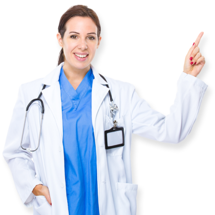 as11 (16) Smiling female doctor in a white coat pointing upwards in a healthcare setting.