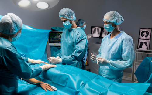 Medical team in surgical attire performing a procedure in an operating room.