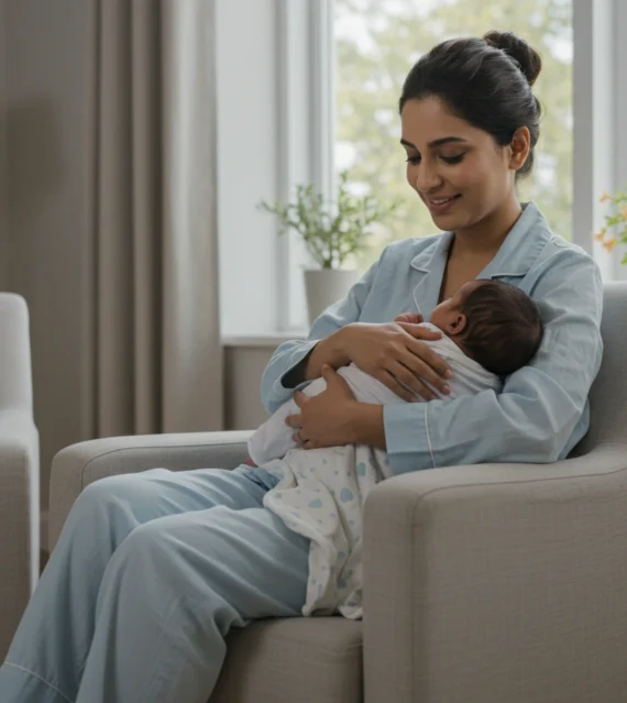 Mother holding her newborn while receiving post-pregnancy recovery physiotherapy guidance.