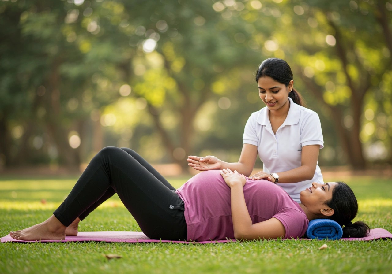 Pregnant woman lying on the grass receiving physiotherapy outdoors