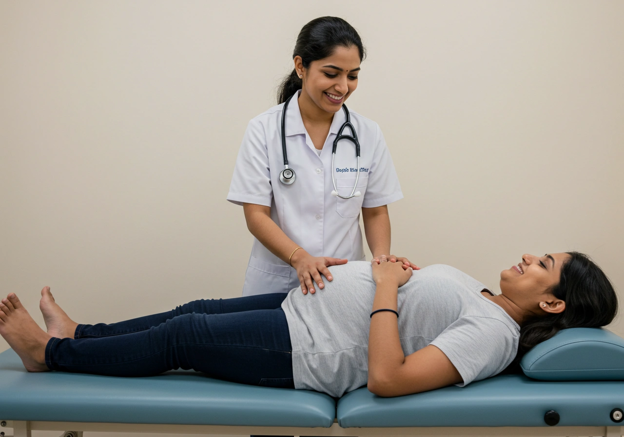 Pregnant woman lying on a physiotherapy table with a healthcare professional providing treatment.