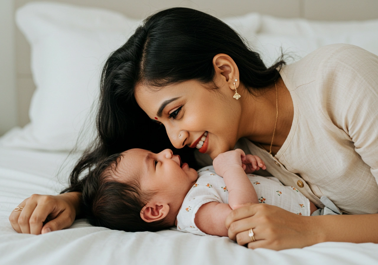 Mother bonding with baby in gentle and loving embrace on white bed.