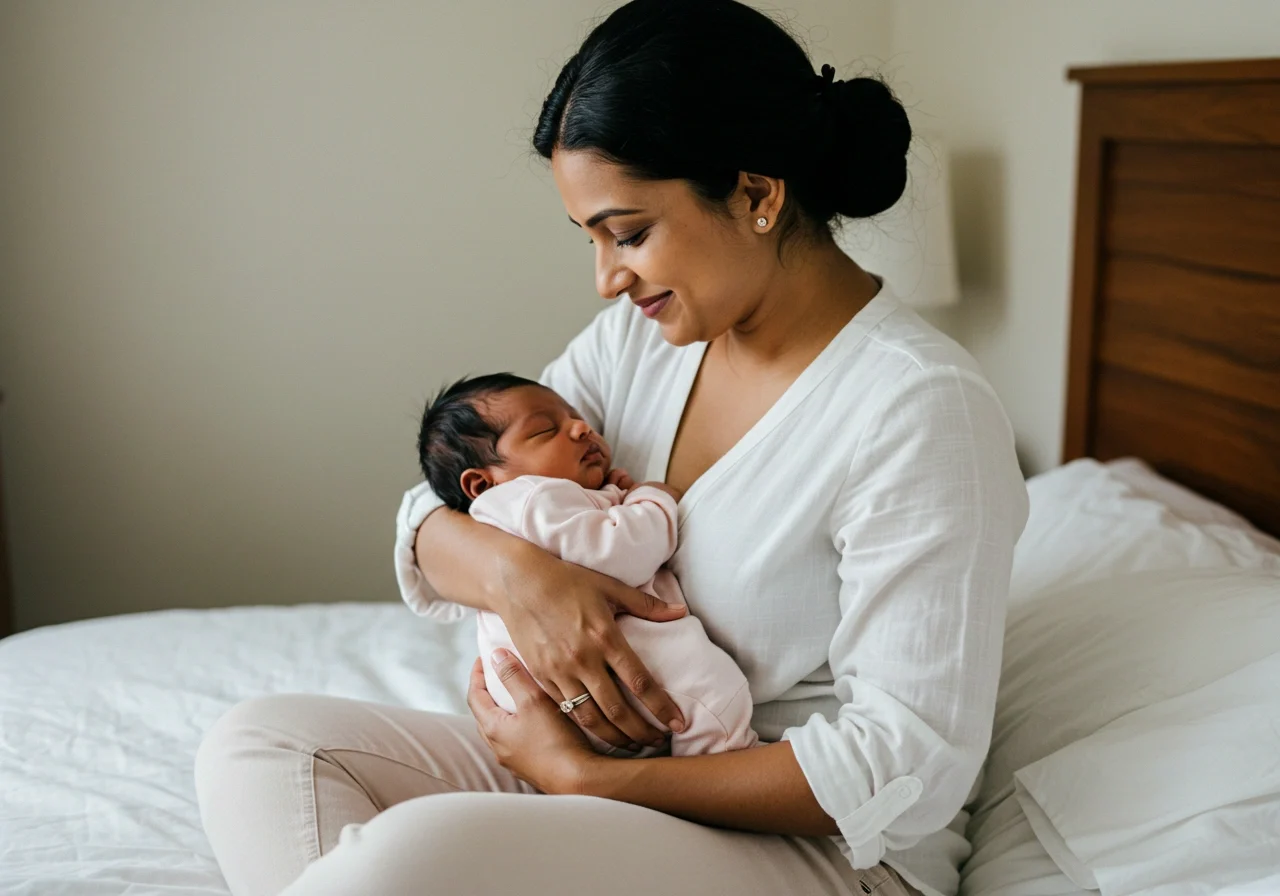 mother holding her newborn baby after an induced vaginal delivery, with hospital staff in the background.