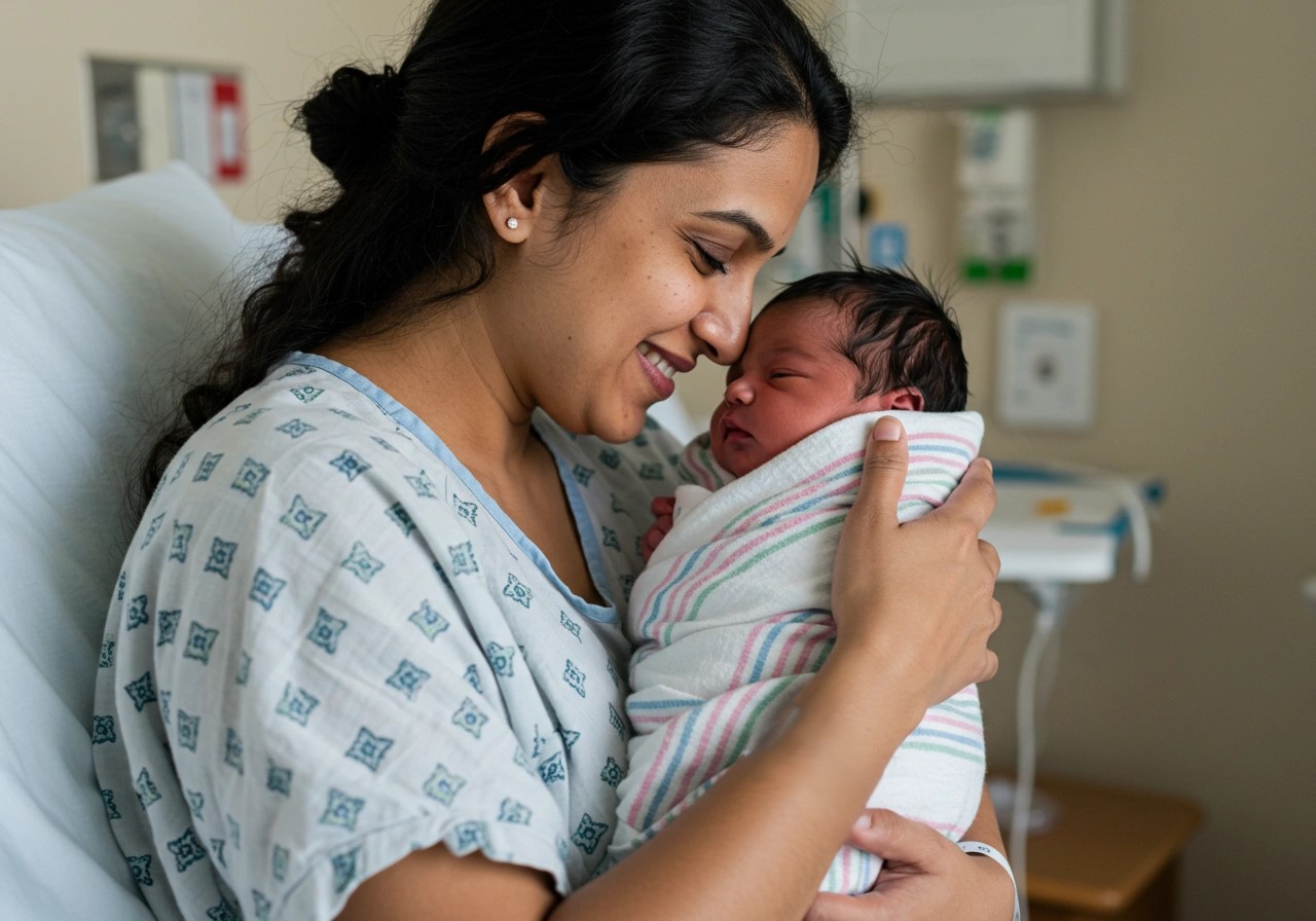 mother holding her newborn baby with the assistance of medical professionals in the hospital.