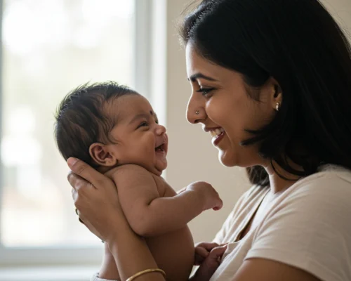 mother holding her newborn baby, smiling and bonding after birth