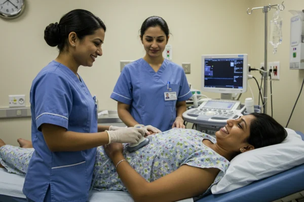 Indian nurses assisting a mother in a hospital after childbirth.