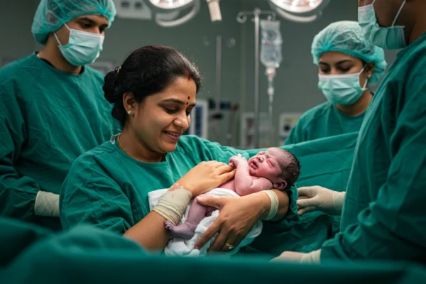Indian mother holding her newborn baby in a hospital delivery room