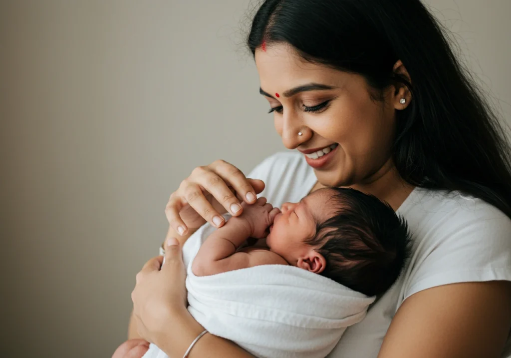 Indian mother lovingly holding her newborn baby wrapped in a white cloth, smiling and bonding.