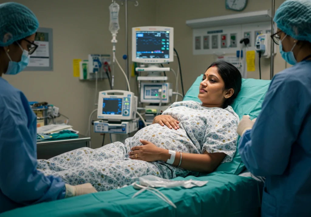 pregnant woman in a hospital bed, surrounded by medical staff during labor, receiving care
