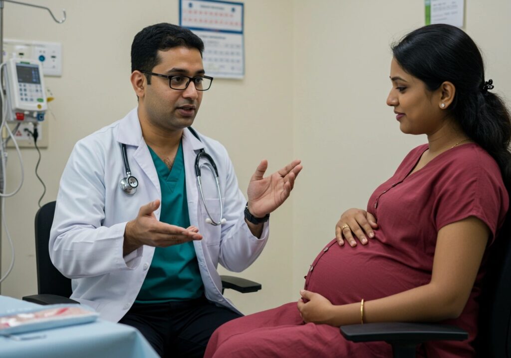 doctor discussing with a pregnant woman during a consultation, explaining her care plan