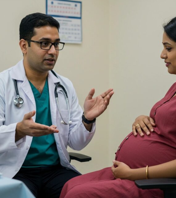 doctor discussing with a pregnant woman during a consultation, explaining her care plan