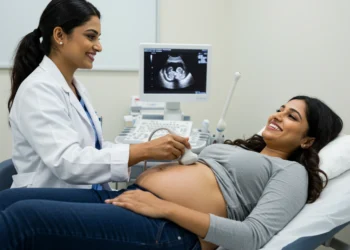 doctor performing an ultrasound on a pregnant woman, with the ultrasound screen showing the baby doctor performing an ultrasound on a pregnant woman, with the ultrasound screen showing the baby