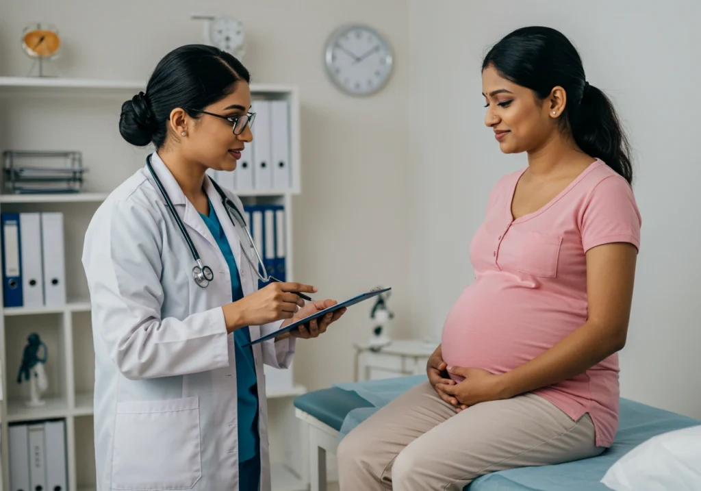 doctor checking a pregnant woman’s health records during a consultation.