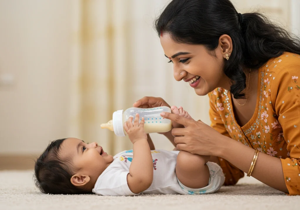 mother feeding her baby with a milk bottle, both smiling.