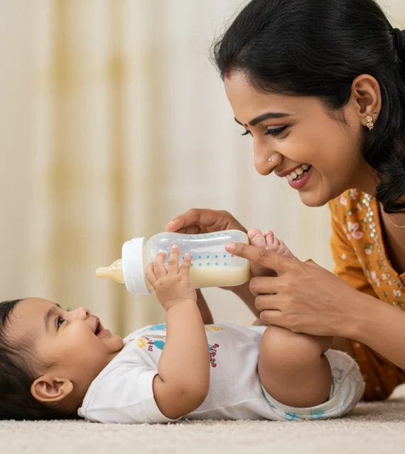 mother feeding her baby with a milk bottle, both smiling.