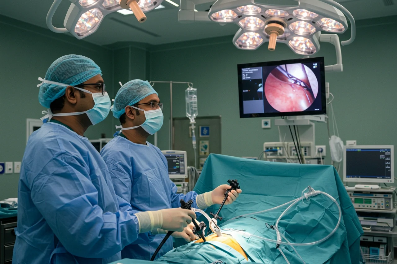 surgeons performing a laparoscopic surgery in an operating room, with a monitor displaying the procedure.