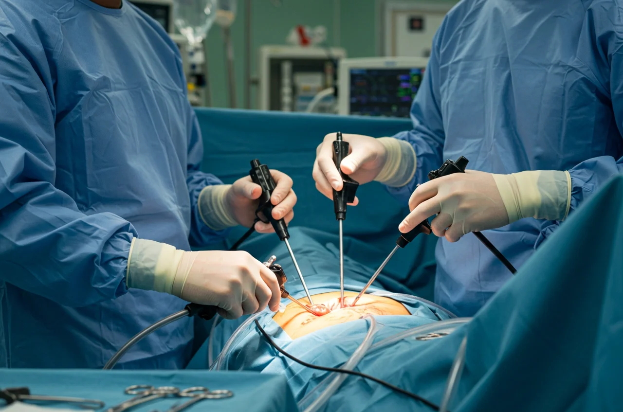 Surgeons performing laparoscopic surgery using instruments on a patient in an operating room