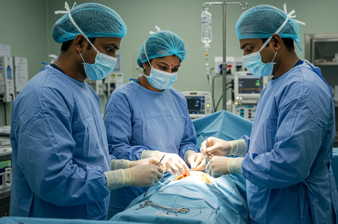 surgeons performing a surgery in the operating room, working together in a sterile environment.