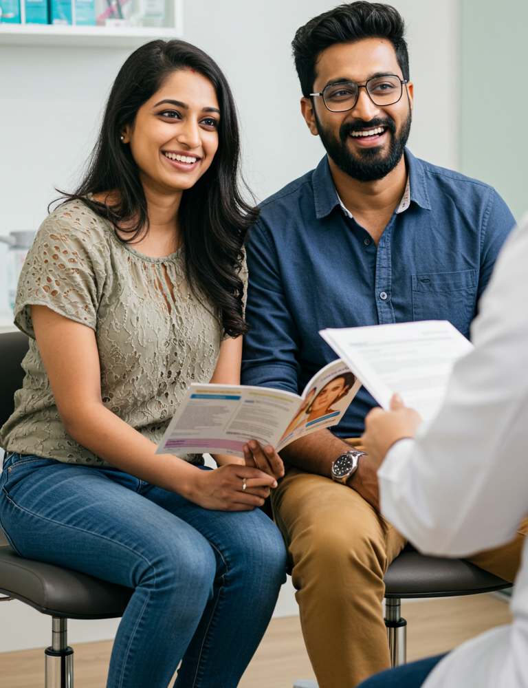 Image_fx - 2025-07-11T121054.540 Smiling modern Indian couple in casual outfits sitting in a family planning clinic, listening to a doctor and holding a brochure.