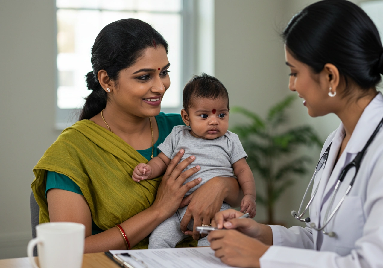 Mother holding her baby while consulting with a healthcare professional.