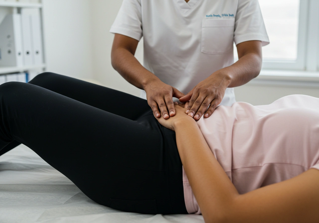 Pregnant woman receiving pelvic pain management therapy from a healthcare professional.