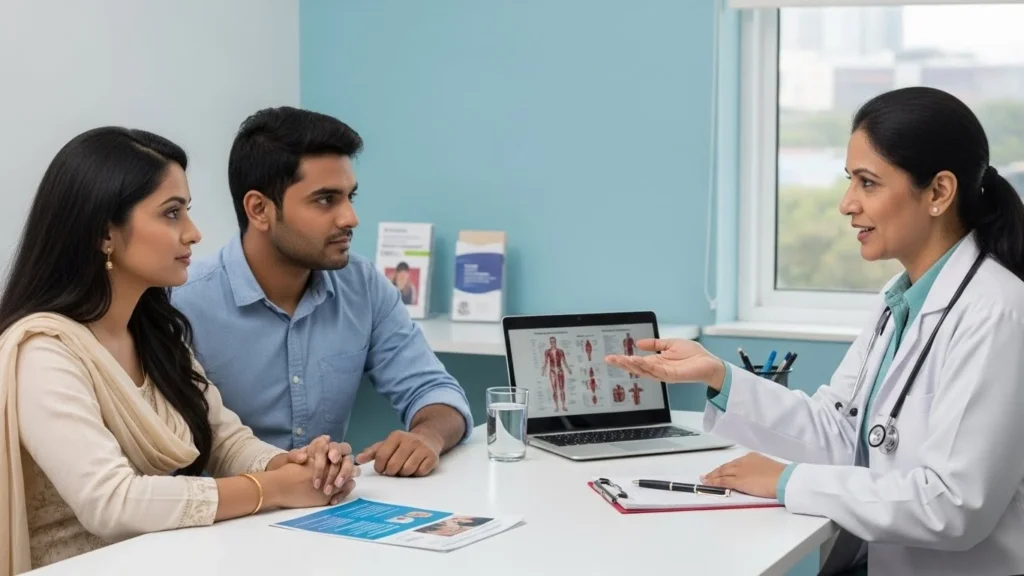 Couple consulting a gynecologist at Chh. Sambhajinagar's leading maternity hospital.