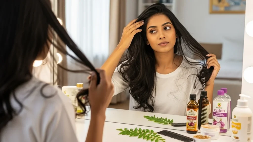 Woman caring for hair using haircare products at a top-rated hospital in Chh. Sambhajinagar.