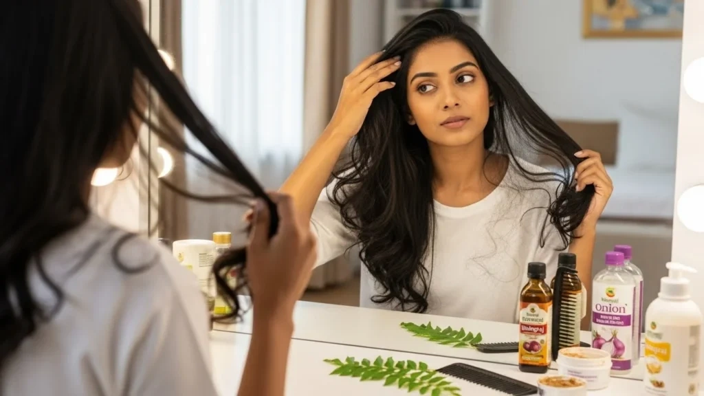 Woman examining her hair in mirror with hair care products on table