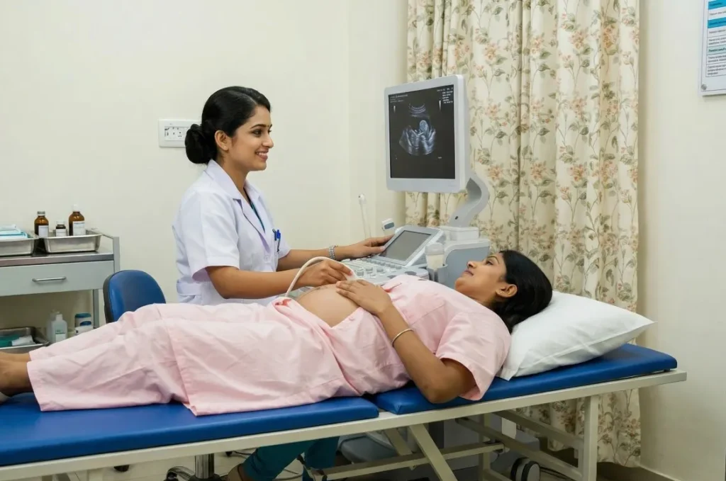 Pregnant woman undergoing ultrasound scan with a nurse monitoring baby movements in a clinic setting.