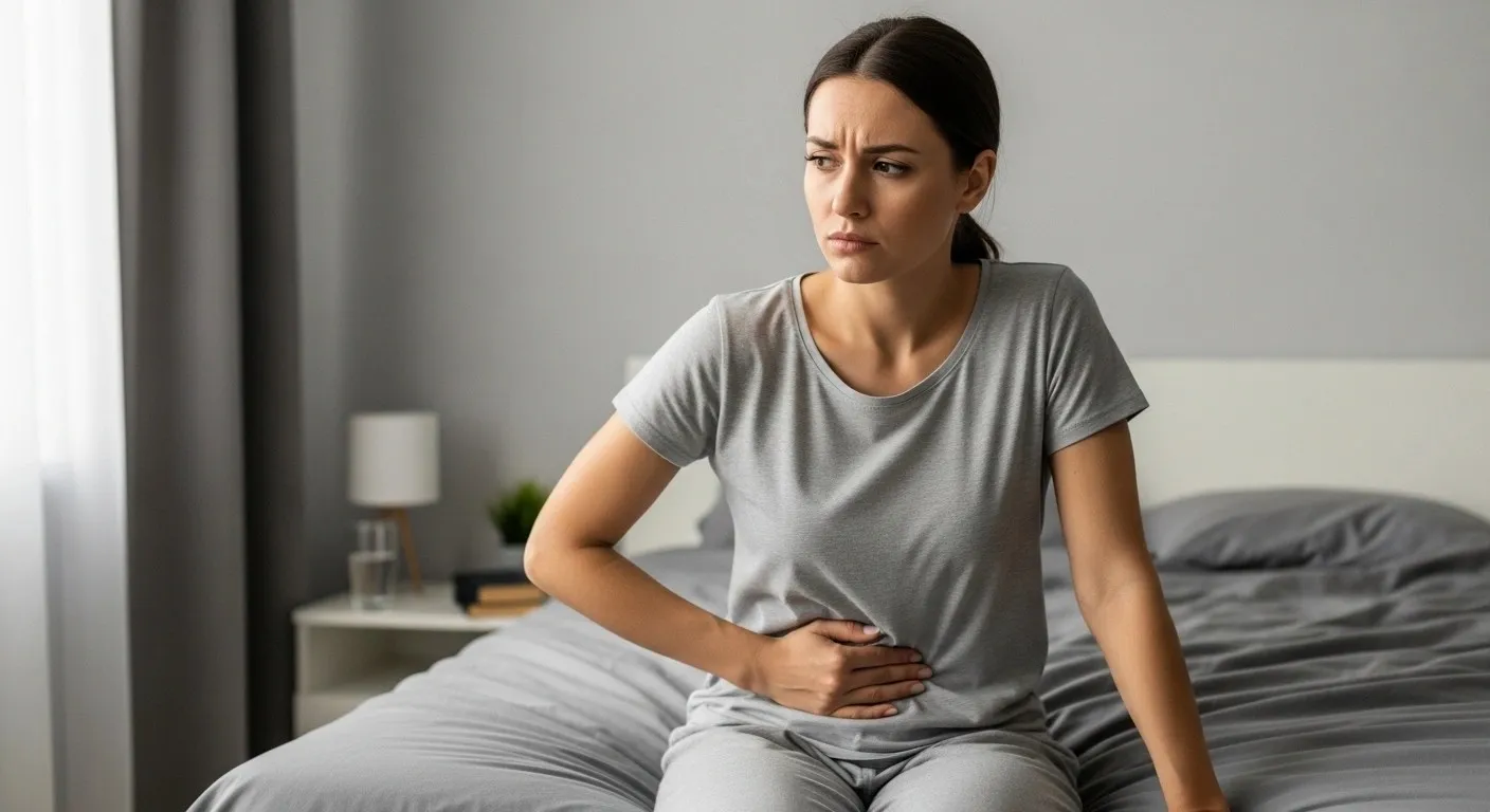 Woman sitting on bed holding lower abdomen, showing discomfort from UTI symptoms