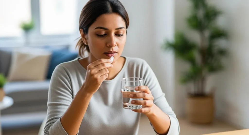 Woman taking medication with a glass of water at home for UTI treatment.