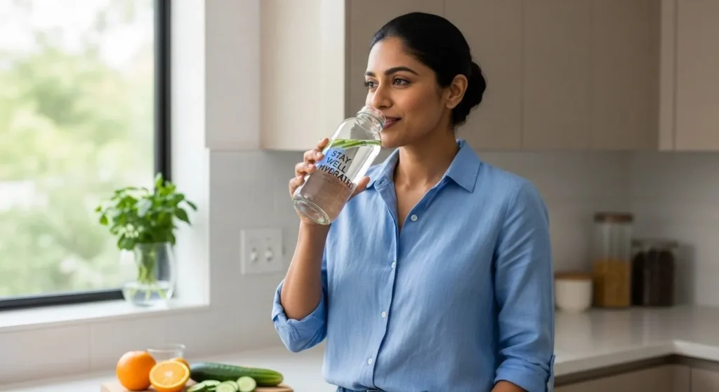 Woman drinking water in a kitchen, highlighting hydration for UTI prevention.