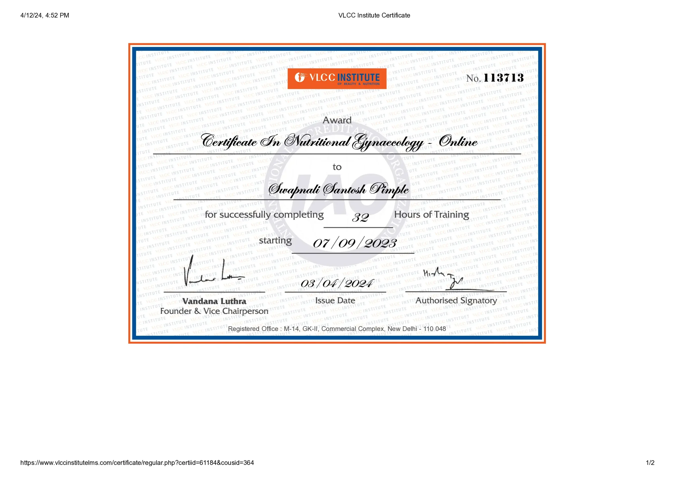 Certificate in Nutritional Gynaecology awarded to Swapnali Pimple, women's health physiotherapist at Anandi Hospitals