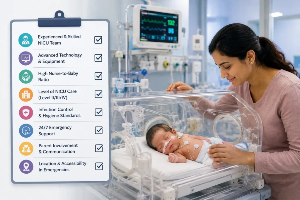 NICU checklist with mother visiting newborn in incubator.
