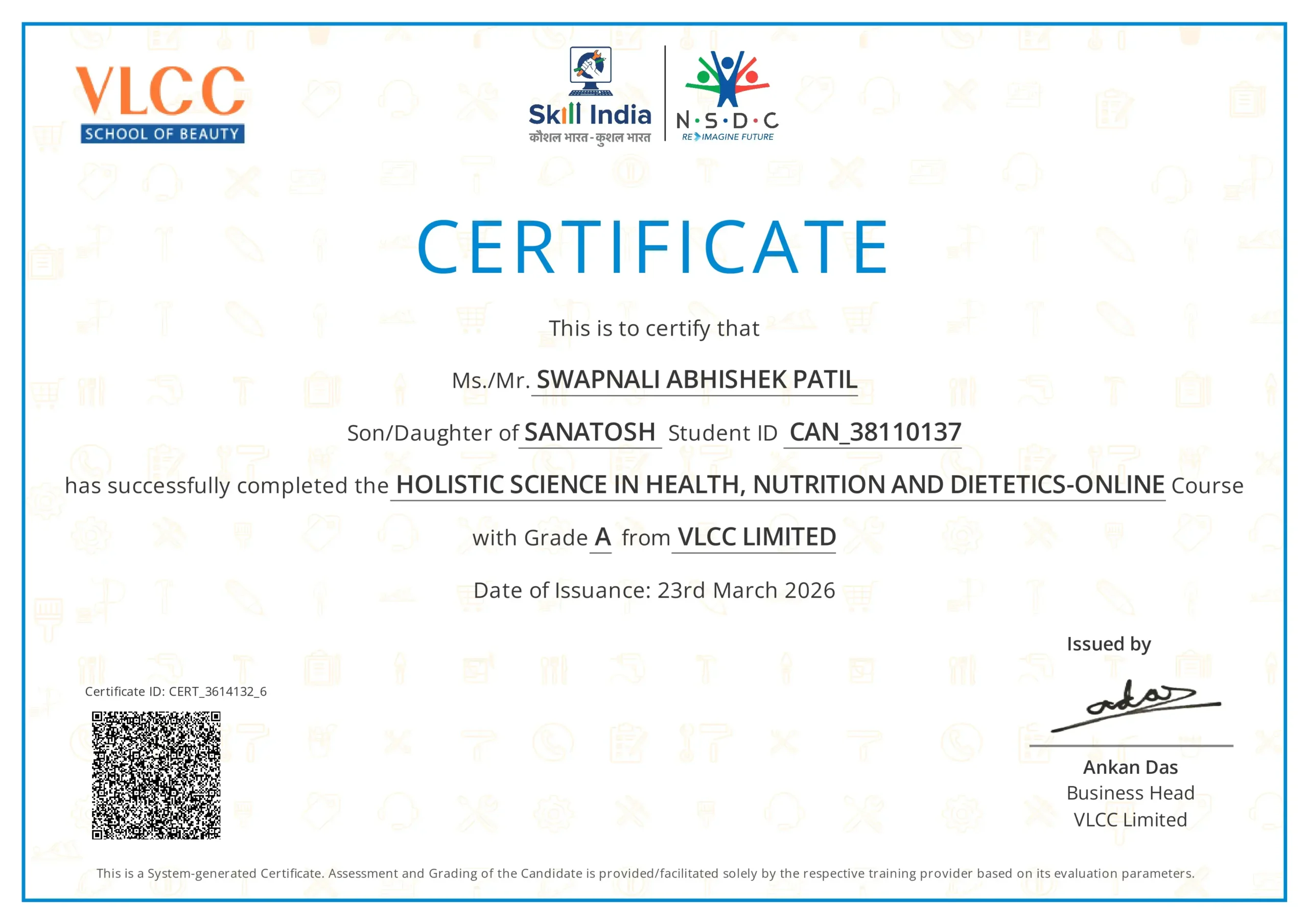 Holistic Science in Health, Nutrition and Dietetics certificate awarded to Swapnali Pimple, physiotherapist at Anandi Hospitals