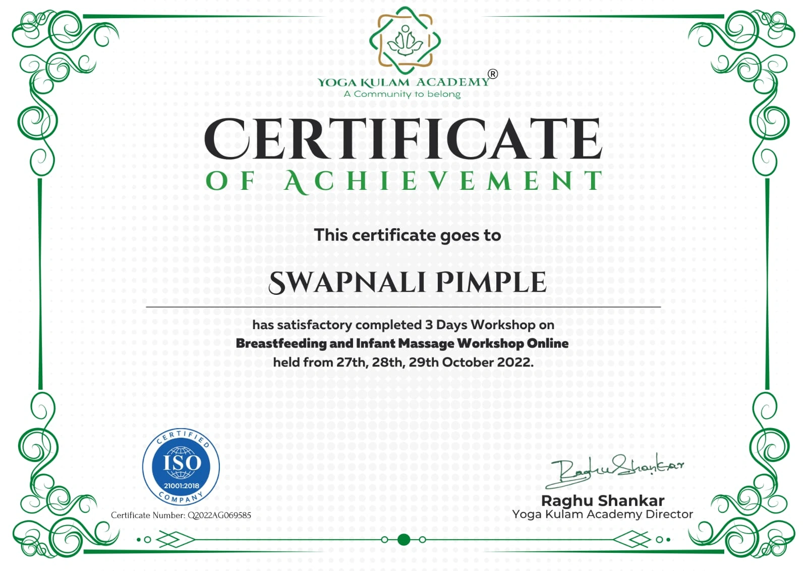 Breastfeeding and Infant Massage Workshop certificate awarded to Swapnali Pimple, women's health physiotherapist at Anandi Hospitals